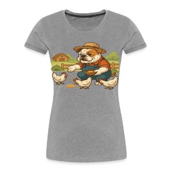 Fermier Bouledogue nourrissant des poules Scène mignonne de la ferme - T-shirt bio Premium Femme - gris chiné - Devant - Mia (176cm)