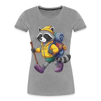 Süßer Waschbär Wandern, Camping, Abenteuer-Rucksacktourist. - Frauen Premium Bio T-Shirt - Grau meliert - Vorne - Mia (176cm)