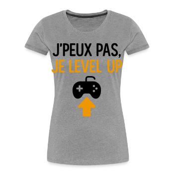 J’peux pas – je level up Geek Gamer Gaming - T-shirt bio Premium Femme - gris chiné - Devant - Mia (176cm)