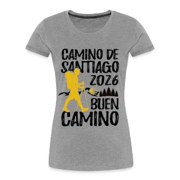 Buen Camino 2026 | Chemin de Saint-Jacques, Pèlerins, Santiago - T-shirt bio Premium Femme - gris chiné - Devant - Mia (176cm)