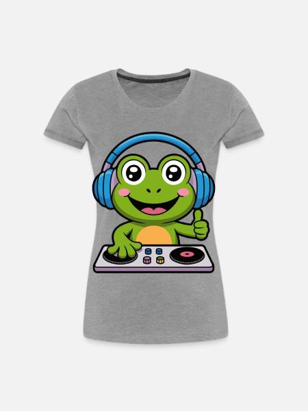 Frosch DJ mit Kopfhörern - Frauen Premium Bio T-Shirt - Grau meliert
