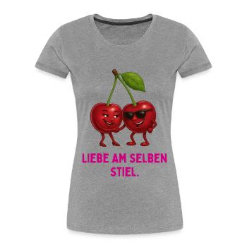 Kirschenpaar am selben Stiel - Frauen Premium Bio T-Shirt - Grau meliert - Vorne - Mia (176cm)