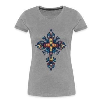 Croix chrétienne - T-shirt bio Premium Femme - gris chiné - Devant - Mia (176cm)