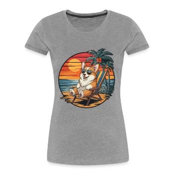 Funny Corgi Dog on Beach Summer Vacation Sunset - Women's Premium Organic T-Shirt - heather grey - Front - Mia (176cm)
