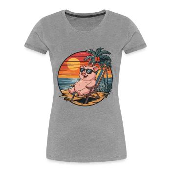 Lustiges Schwein am Strand, Sommerurlaub Sonnenuntergang - Frauen Premium Bio T-Shirt - Grau meliert - Vorne - Mia (176cm)