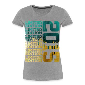 ÉDITION LIMITÉE 2015 11 ANS 11E ANNIVERSAIRE - T-shirt bio Premium Femme - gris chiné - Devant - Mia (176cm)