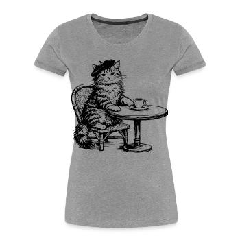 Chat avec béret dans un café au design rétro - T-shirt bio Premium Femme - gris chiné - Devant - Mia (176cm)