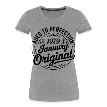 janvier 1979 – Légende des sommets et montagnes - T-shirt bio Premium Femme - gris chiné - Devant - Mia (176cm)