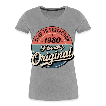 Anniversaire 1980 Février 1980 né en Février 1980 - T-shirt bio Premium Femme - gris chiné - Devant - Mia (176cm)