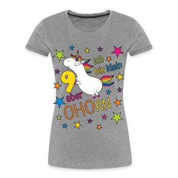 9 ans Fille Licorne Je suis petite mais érable - T-shirt bio Premium Femme - gris chiné - Devant - Mia (176cm)