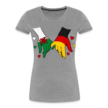 Wales_Deutschland_Flagge_Haendehalten - Frauen Premium Bio T-Shirt - Grau meliert - Vorne - Mia (176cm)