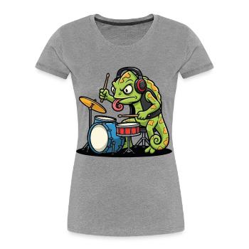 Caméléon Batteur Rock Musique Mascotte Cartoon - T-shirt bio Premium Femme - gris chiné - Devant - Mia (176cm)