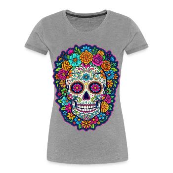 Mexikanischer Schädel, Zucker, Schädelblüten - Frauen Premium Bio T-Shirt - Grau meliert - Vorne - Mia (176cm)