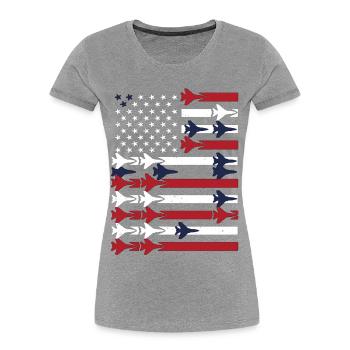 Jet Fighter USA Flag – Avion pilote - T-shirt bio Premium Femme - gris chiné - Devant - Mia (176cm)