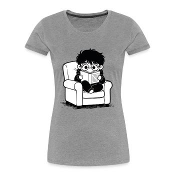 Sticker Enfant Lisant Fauteuil Cosy Noir et Blanc - T-shirt bio Premium Femme - gris chiné - Devant - Mia (176cm)