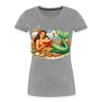 Retro Mermaid Pin-up in Coral Reef Reading - Women's Premium Organic T-Shirt - heather grey - Front - Mia (176cm)