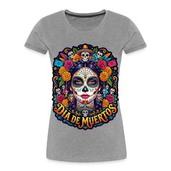 Tête de mort mexicaine sugar skull crâne fleurs - T-shirt bio Premium Femme - gris chiné - Devant - Mia (176cm)