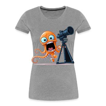 Photographe de pieuvre orange avec appareil photo - T-shirt bio Premium Femme - gris chiné - Devant - Mia (176cm)