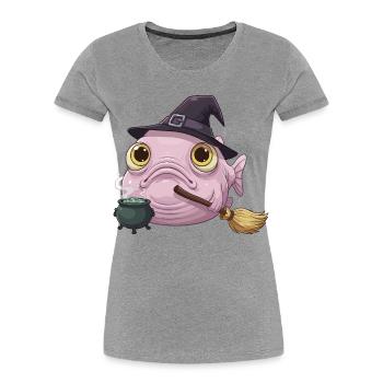 Poisson-Blobfish Drôle - Chapeau de Sorcière et Chaudron Magique - T-shirt bio Premium Femme - gris chiné - Devant - Mia (176cm)