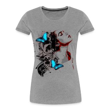 Floral Face and Blue Butterflies - Women's Premium Organic T-Shirt - heather grey - Front - Mia (176cm)