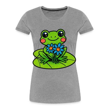 Grenouille joyeuse avec un bouquet de fleurs - T-shirt bio Premium Femme - gris chiné - Devant - Mia (176cm)