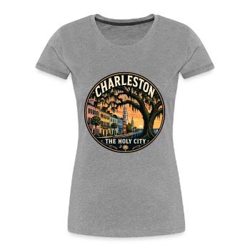 Charleston, l’insigne de voyage vintage de la Ville Sainte - T-shirt bio Premium Femme - gris chiné - Devant - Mia (176cm)