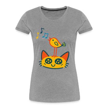 Oiseau chanteur sur chat - T-shirt bio Premium Femme - gris chiné - Devant - Mia (176cm)