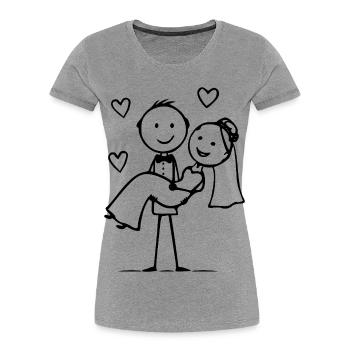 Cœur de dessin animé de couple marié - T-shirt bio Premium Femme - gris chiné - Devant - Mia (176cm)