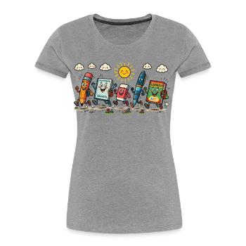 Fröhliche Schulsachen auf dem Schulweg - Frauen Premium Bio T-Shirt - Grau meliert - Vorne - Mia (176cm)
