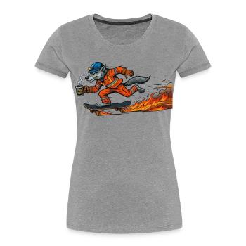 Cartoon-Figur Wolf auf feurigem Skateboard - Frauen Premium Bio T-Shirt - Grau meliert - Vorne - Mia (176cm)