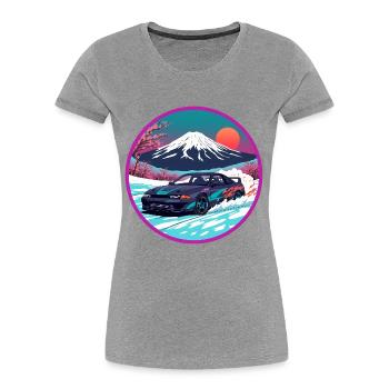 Art rétro des années 90 JDM Mt Fuji Skyline R32 Synthwave - T-shirt bio Premium Femme - gris chiné - Devant - Mia (176cm)