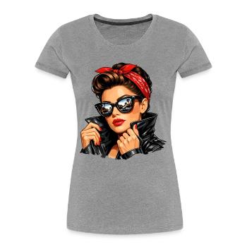 Fille pin-up cool en veste en cuir et lunettes de soleil - T-shirt bio Premium Femme - gris chiné - Devant - Mia (176cm)