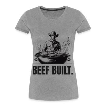 BŒUF CONSTRUIT | T-shirt Carnivore | Steak & Strength - T-shirt bio Premium Femme - gris chiné - Devant - Mia (176cm)