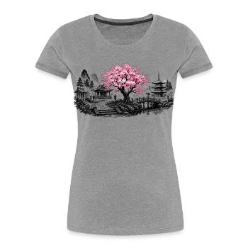 Jardin du temple japonais des cerisiers en fleurs - T-shirt bio Premium Femme - gris chiné - Devant - Mia (176cm)