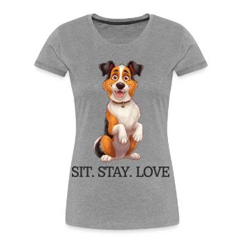 Sit Stay Love 2 Tri-Colour Border Collie Dog Merch - Frauen Premium Bio T-Shirt - Grau meliert - Vorne - Mia (176cm)