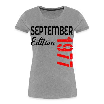 49e anniversaire - septembre 1977 - T-shirt bio Premium Femme - gris chiné - Devant - Mia (176cm)