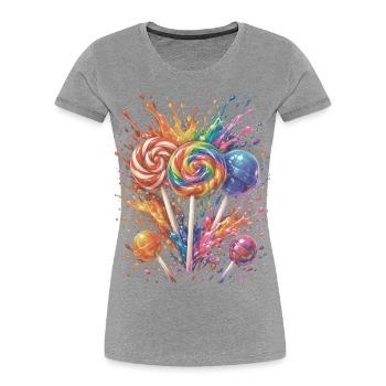 Mehrfarbige Süßigkeiten-Lutscher-Spritzkunst - Frauen Premium Bio T-Shirt - Grau meliert - Vorne - Mia (176cm)