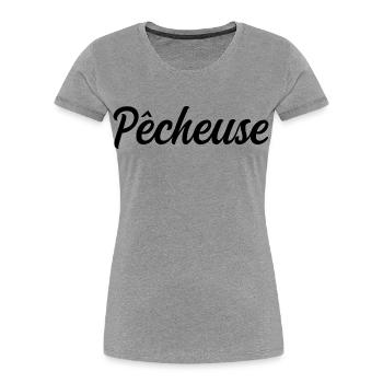 Pêcheuse Pêche Pêcheur Canne Eau Loisir Nature - T-shirt bio Premium Femme - gris chiné - Devant - Mia (176cm)