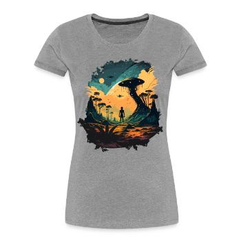 Weltraum - Frauen Premium Bio T-Shirt - Grau meliert - Vorne - Mia (176cm)