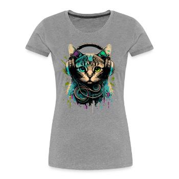 Katze mit Headset - Frauen Premium Bio T-Shirt - Grau meliert - Vorne - Mia (176cm)