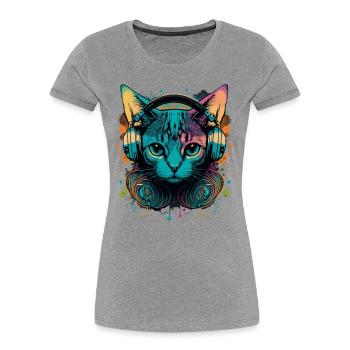 Chat vintage et musique - T-shirt bio Premium Femme - gris chiné - Devant - Mia (176cm)