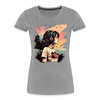 Anime Mädchen hört Musik - Frauen Premium Bio T-Shirt - Grau meliert - Vorne - Mia (176cm)