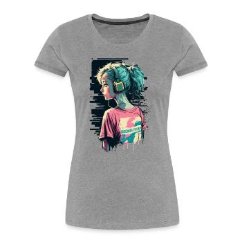 80er Jahre Mädchen mit Kopfhörern - Frauen Premium Bio T-Shirt - Grau meliert - Vorne - Mia (176cm)