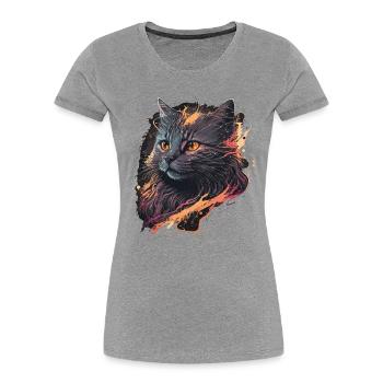 Illustration de chat vintage - T-shirt bio Premium Femme - gris chiné - Devant - Mia (176cm)