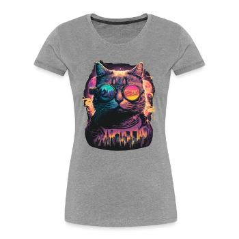 Illustration de chat néon - T-shirt bio Premium Femme - gris chiné - Devant - Mia (176cm)