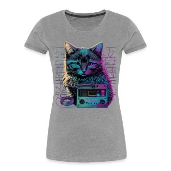Katze mit Kassette - Frauen Premium Bio T-Shirt - Grau meliert - Vorne - Mia (176cm)