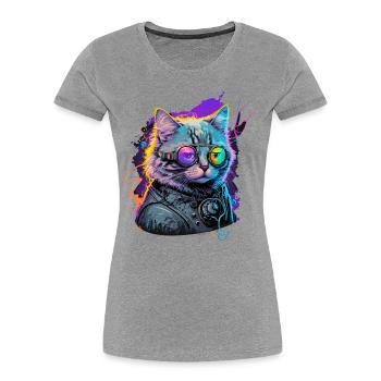 Cyber Katze - Frauen Premium Bio T-Shirt - Grau meliert - Vorne - Mia (176cm)