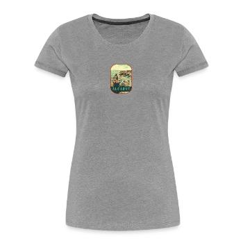 Retro-Abzeichen, Algarve Portugal, Strand Sommersonne - Frauen Premium Bio T-Shirt - Grau meliert - Vorne - Mia (176cm)