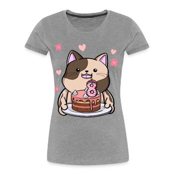 Chubby cat holds a birthday cake 8. - Women's Premium Organic T-Shirt - heather grey - Front - Mia (176cm)