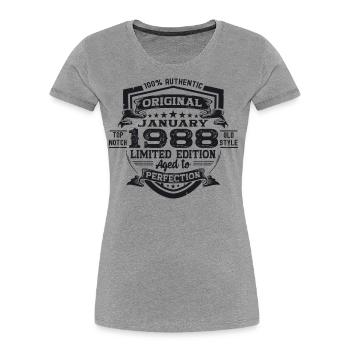 Né 1988 Janvier 35th anniversaire Homme cadeau - T-shirt bio Premium Femme - gris chiné - Devant - Mia (176cm)